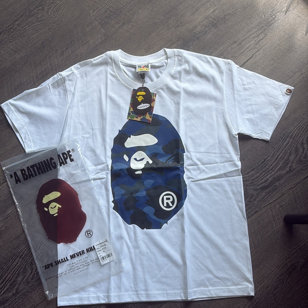 Bape White Tee with Multicolor Camo Logo